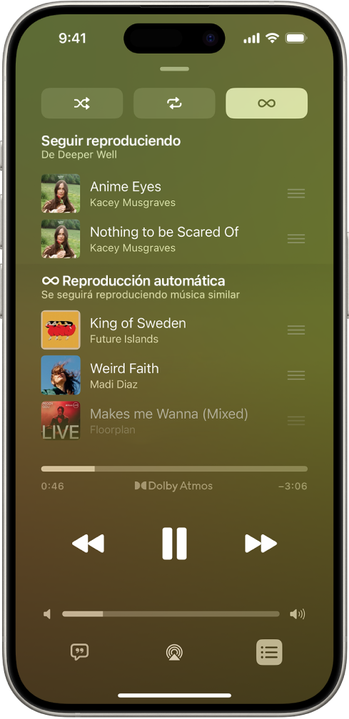 La pantalla Ahora suena mostrando la fila Siguiente con la reproducción automática activada. Aparecen canciones similares debajo de las canciones en el álbum.