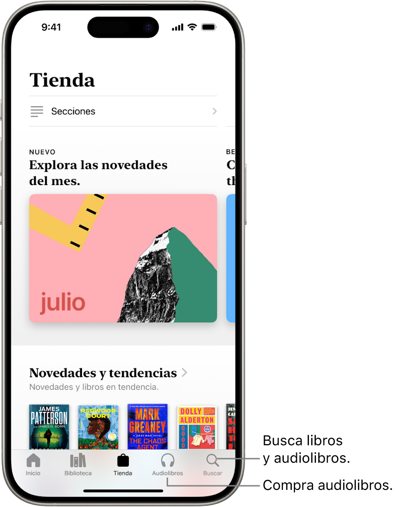 La pestaña Tienda de la app Libros. En la parte inferior de la pantalla, de izquierda a derecha, se encuentran las pestañas Inicio, Biblioteca, Tienda, Audiolibros y Buscar. La pestaña Tienda está seleccionada.