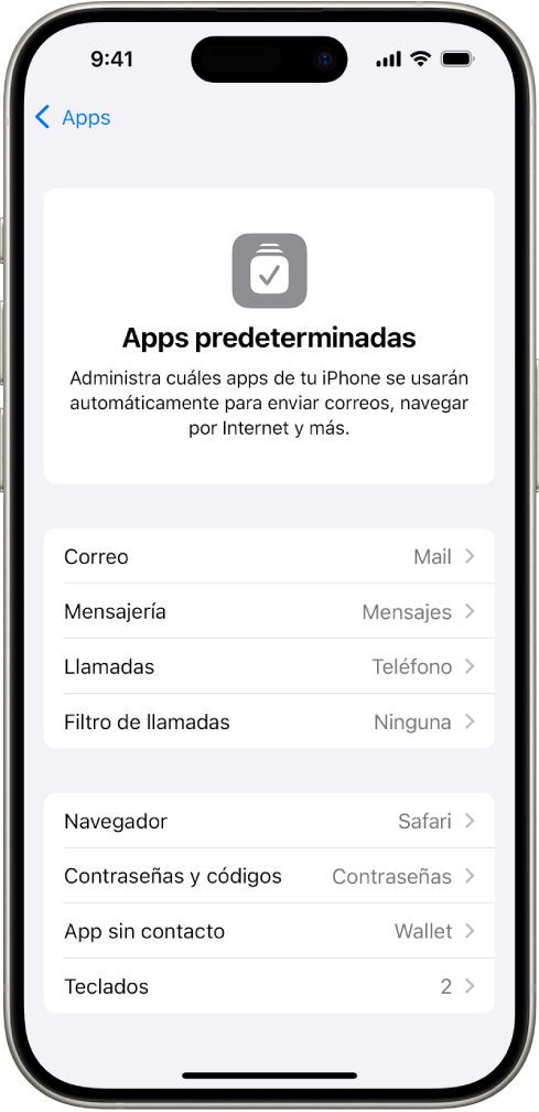 La pantalla para cambiar las apps predeterminadas para enviar correos, navegar por Internet y más.