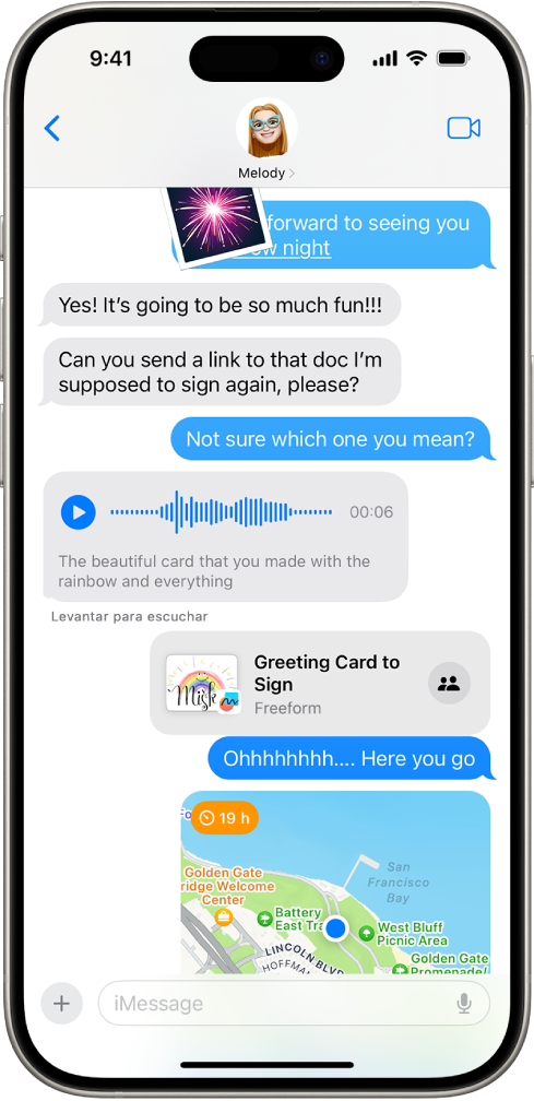 Una conversación de Mensajes mostrando las funciones de iMessage.
