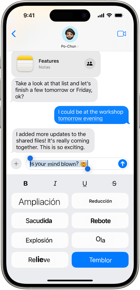Una conversación de Mensajes con un nuevo mensaje seleccionado en el campo de texto, y las opciones de formato y efectos mostradas debajo. El texto seleccionado aparece con una vista previa del efecto.