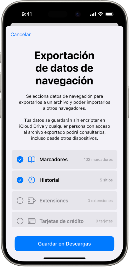 La pantalla Exportar datos de navegación muestra los datos que puedes exportar de Safari a otro navegador.