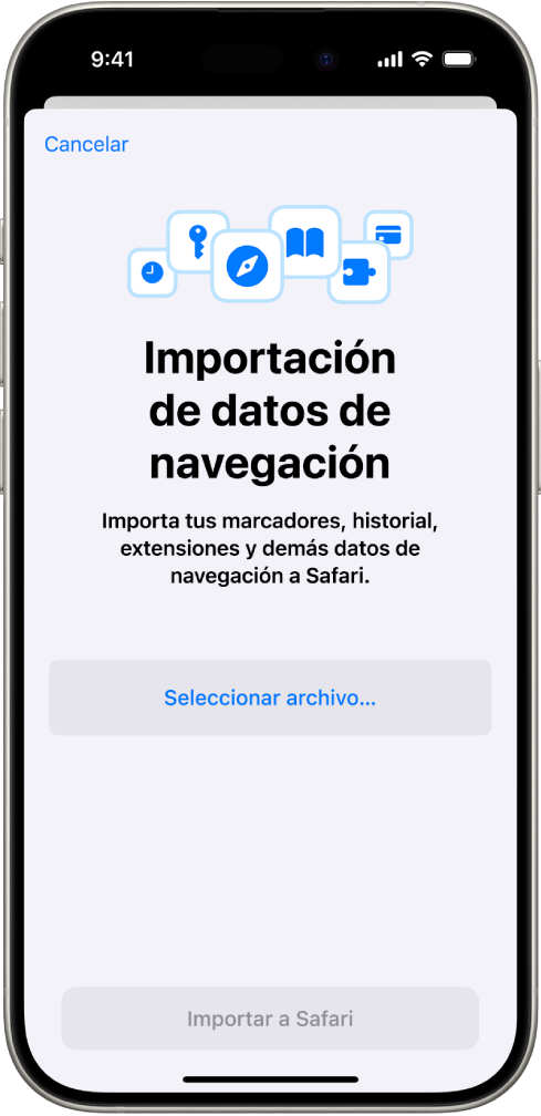 La pantalla Importación de datos de navegación muestra los datos de otro navegador que se importarán a Safari.