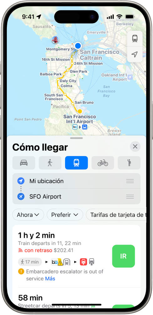 Un mapa mostrando una ruta en transporte público. La tarjeta de ruta de la parte inferior ofrece detalles de las rutas, incluyendo la duración estimada del trayecto y el costo total. El botón Ir está a la derecha de los detalles.