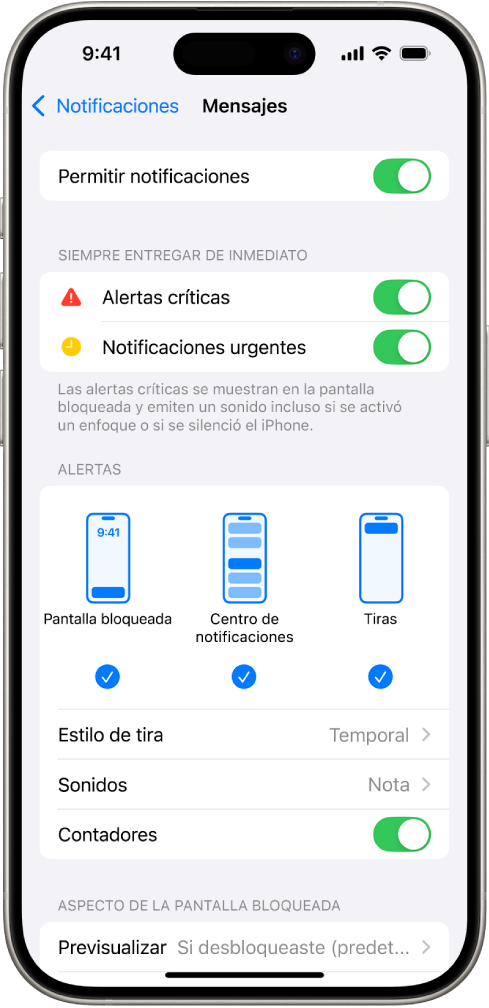 El iPhone con la configuración de Mensajes para las notificaciones y las alertas.