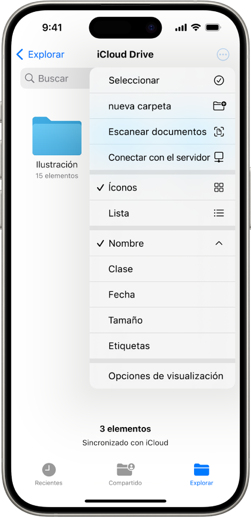 La app Archivos con el botón Más seleccionado. En el menú visible están las opciones Seleccionar, Nueva carpeta, Escanear documentos y Conectar con el servidor. Debajo hay opciones para visualizar los elementos de la pantalla como íconos o como una lista. En la parte inferior están las opciones de orden: Nombre, Clase, Fecha, Tamaño y Etiquetas, y más abajo está Opciones de visualización.