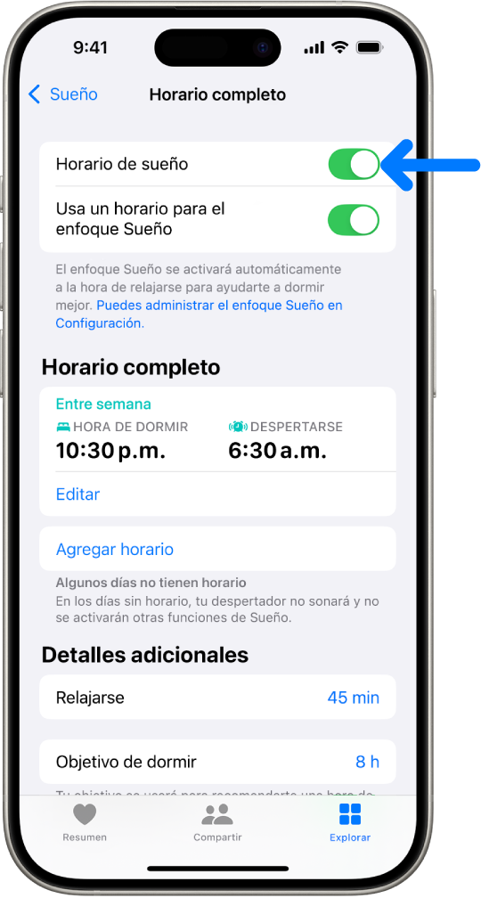 La pantalla Horario completo en Salud con la opción Horario de sueño activada en la parte superior.