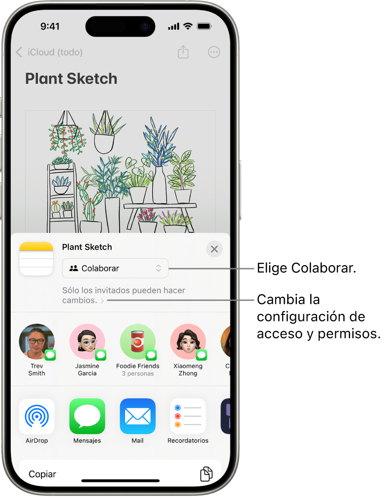 Una invitación a colaborar en un dibujo en Notas, mostrando que la colaboración está activa con la configuración de acceso y permiso Sólo tus invitados pueden hacer cambios. Cuatro posibles destinatarios, incluyendo un grupo, forman una fila debajo. La fila del área inferior ofrece diferentes formas de compartir la nota: AirDrop, Mensajes, Mail y Freeform.