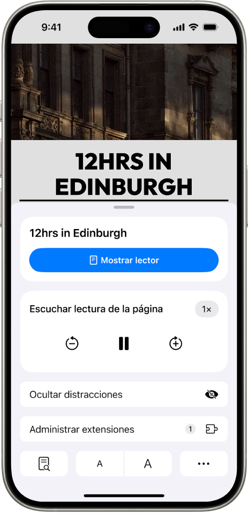 Un sitio web abierto en Safari. El botón Configuración de la página está seleccionado y se muestran los controles de escucha.