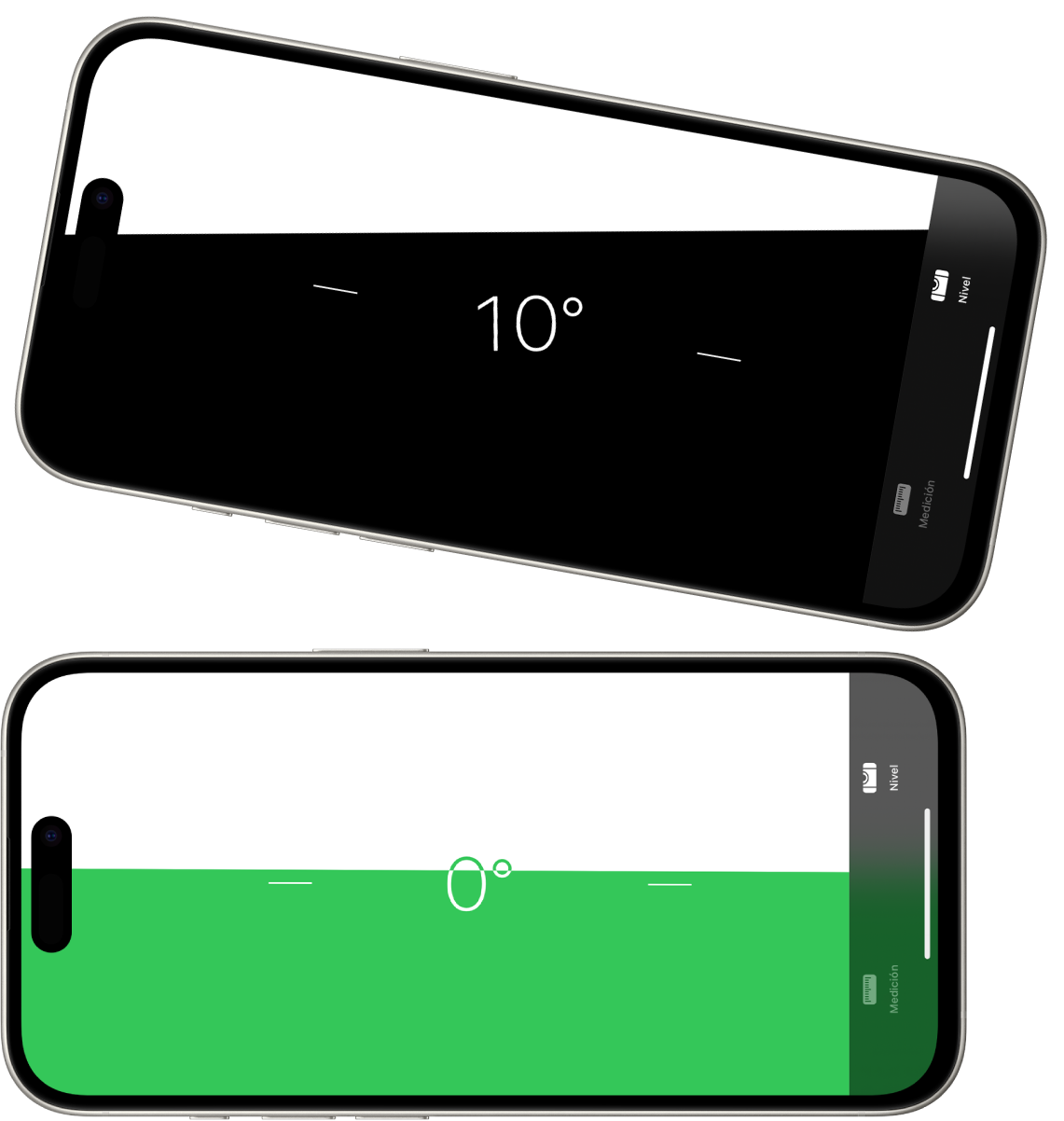 La pantalla de nivelación de la app Medición. En la parte superior, el iPhone está inclinado a un ángulo de 10 grados; en la parte inferior, el iPhone está nivelado.