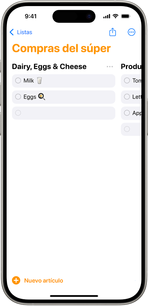 La app Recordatorios muestra una lista de compras del súper con categorías organizadas en columnas.