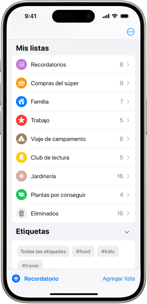 Una pantalla de Recordatorios con varias listas y el explorador de etiquetas en la parte inferior.