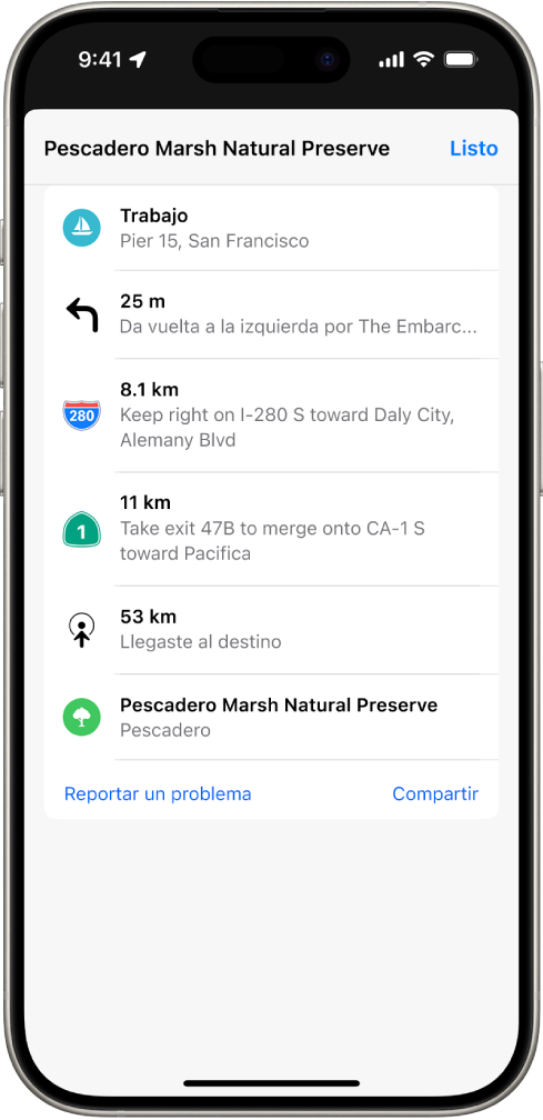 Se muestran las indicaciones detalladas de una ruta en una lista.