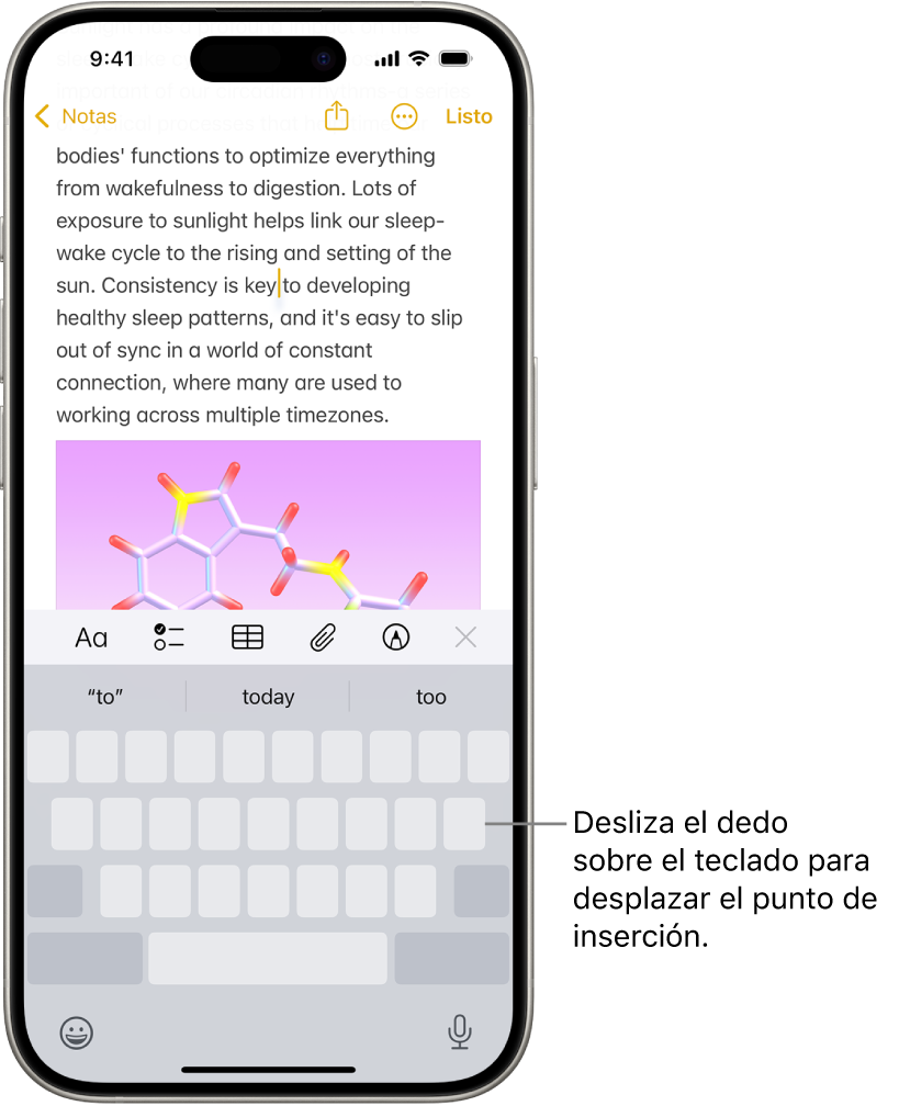 En la app Notas, hay un documento abierto. En teclado en pantalla está en la mitad inferior de la pantalla y en el modo de trackpad.