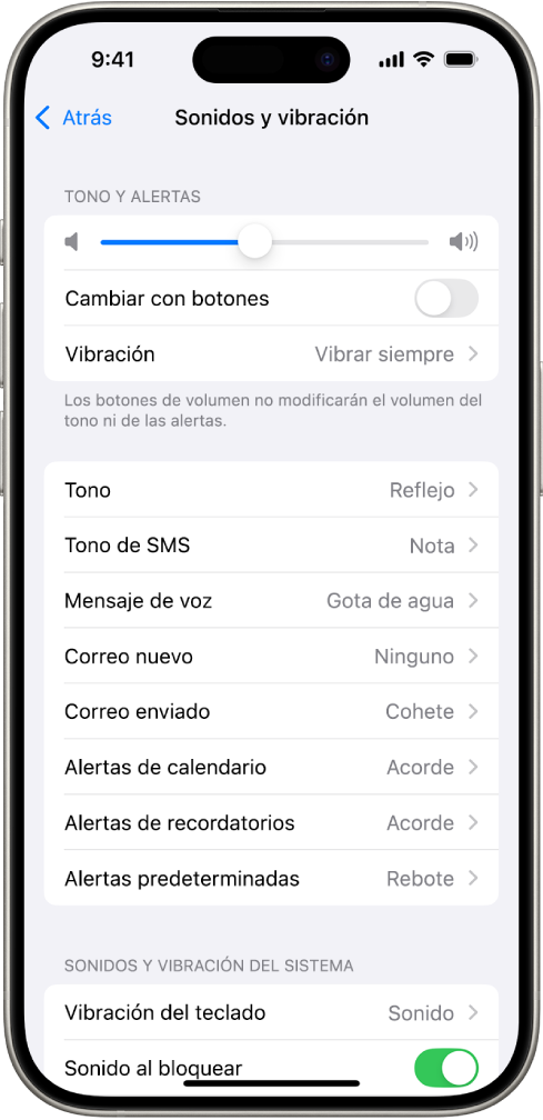 La pantalla Sonidos y vibraciones en Configuración. Las opciones en pantalla de arriba a abajo son: Audio de audífonos y Seguridad en audífonos, Volumen de tonos y alertas (con un regulador para ajustar el volumen y la opción de cambiar el volumen con botones), y Sonidos y secuencias de vibración (incluyendo para el tono de llamada y de texto).