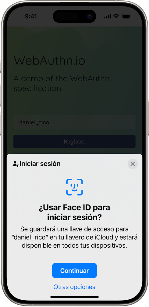Cuando se guarda una llave de acceso para una cuenta, aparece una pantalla de inicio de sesión. En la parte inferior de la pantalla se muestran los botones Continuar y Otras opciones.