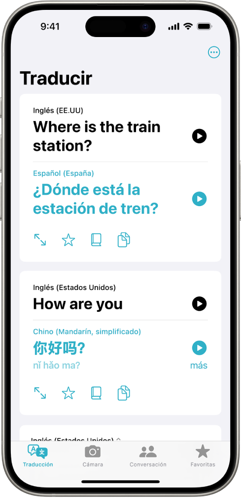 La pestaña Traducción mostrando frases traducidas del inglés al español y del inglés al mandarín.