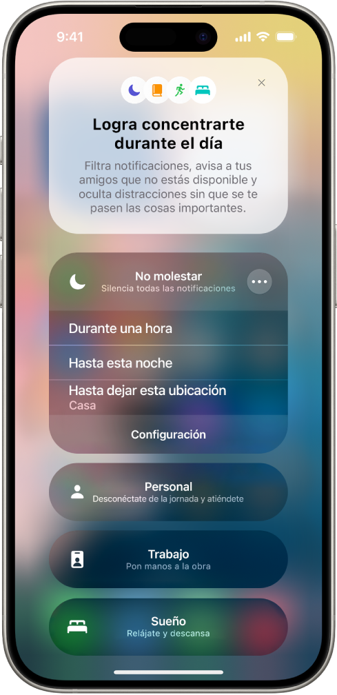 La pantalla para seleccionar por cuánto tiempo se activa No molestar; las opciones son Durante 1 hora, Hasta esta noche y Hasta dejar esta ubicación.