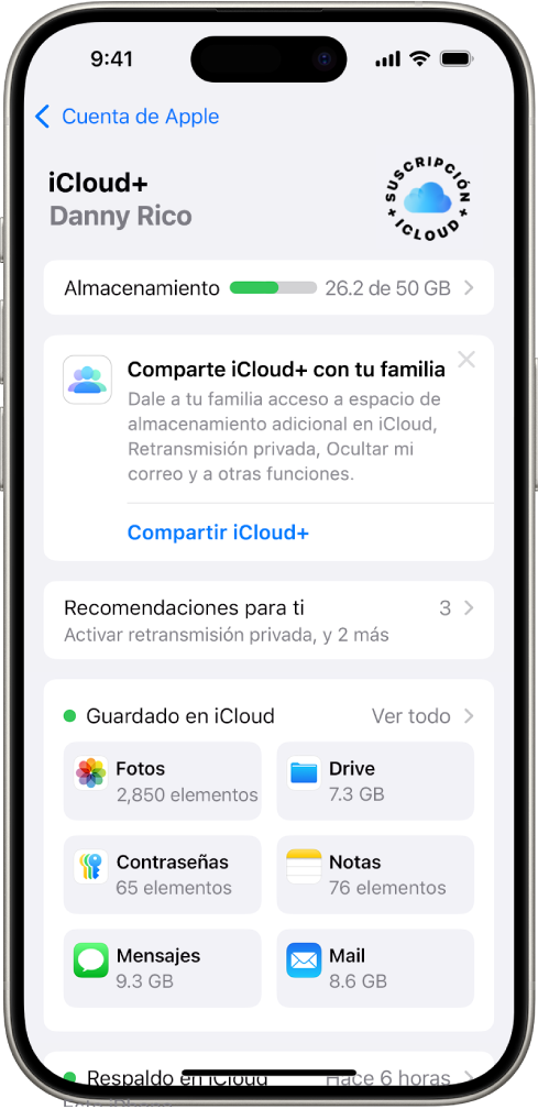 La pantalla de configuración de iCloud mostrando el indicador de almacenamiento de iCloud y una lista de funciones, como Fotos, iCloud Drive y Mail en iCloud que se pueden usar con iCloud.