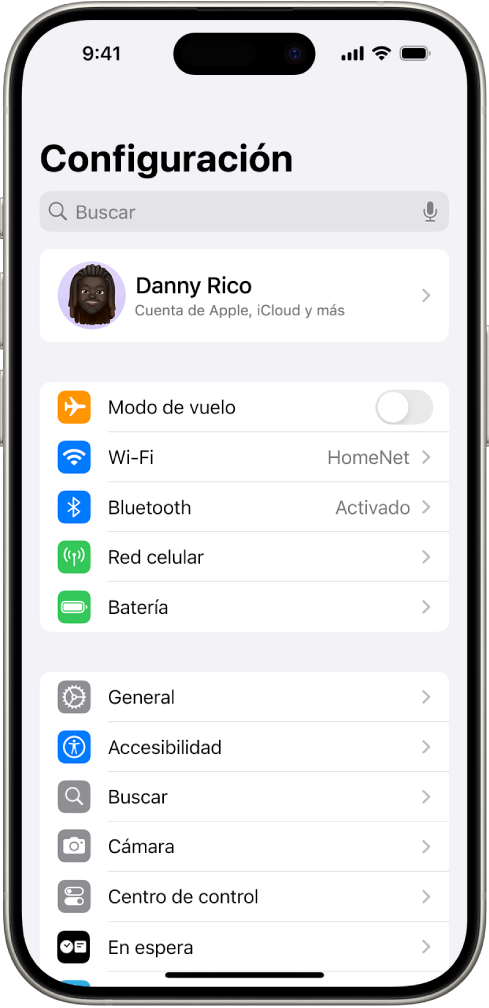 La pantalla de Configuración con el campo de búsqueda en la parte superior y varias configuraciones debajo, como Wi-Fi, Notificaciones y Sonidos y vibración.