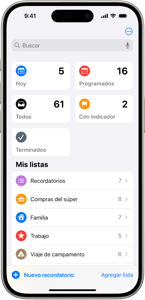 Una pantalla de Recordatorios mostrando listas inteligentes en la parte superior y listas regulares en la parte inferior.