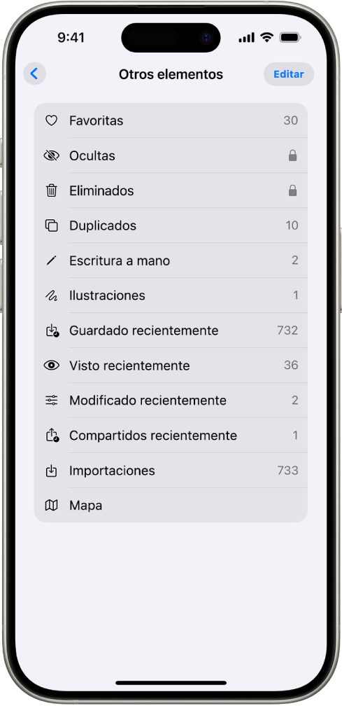 En la app Fotos, la colección Otros elementos está abierta y muestra una lista de colecciones de fotos.