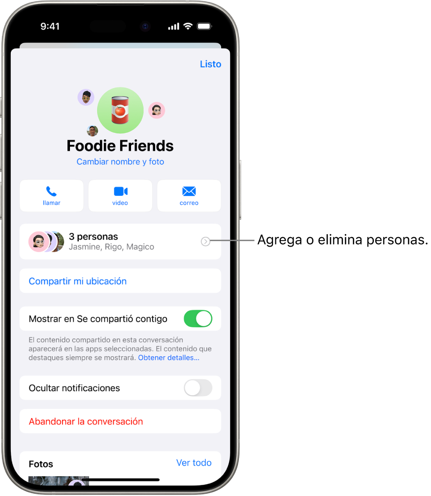 Los detalles de una conversación grupal.