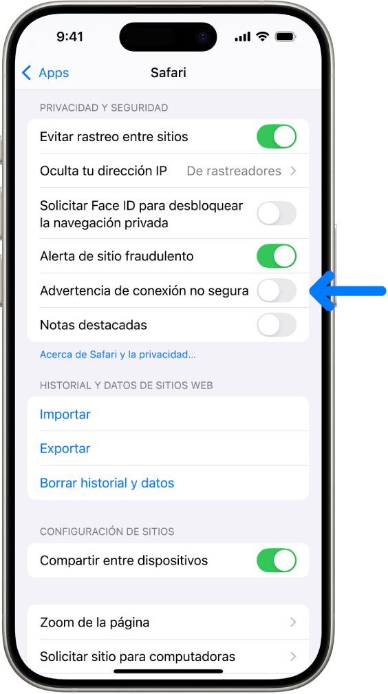El control Advertencia de conexión no segura, ubicado debajo de Privacidad y seguridad en la configuración de Safari.