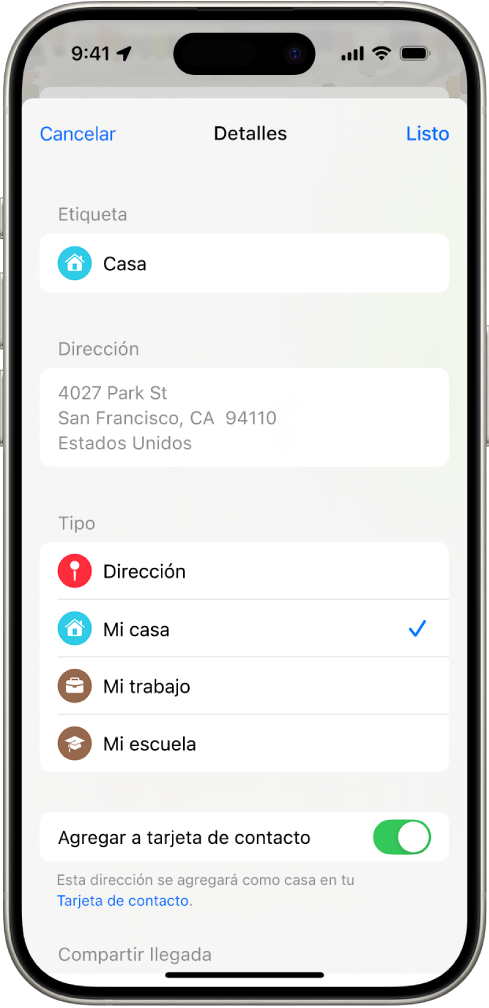 La app Mapas mostrando la pantalla de detalles con opciones para definir una dirección como de casa, trabajo o escuela.