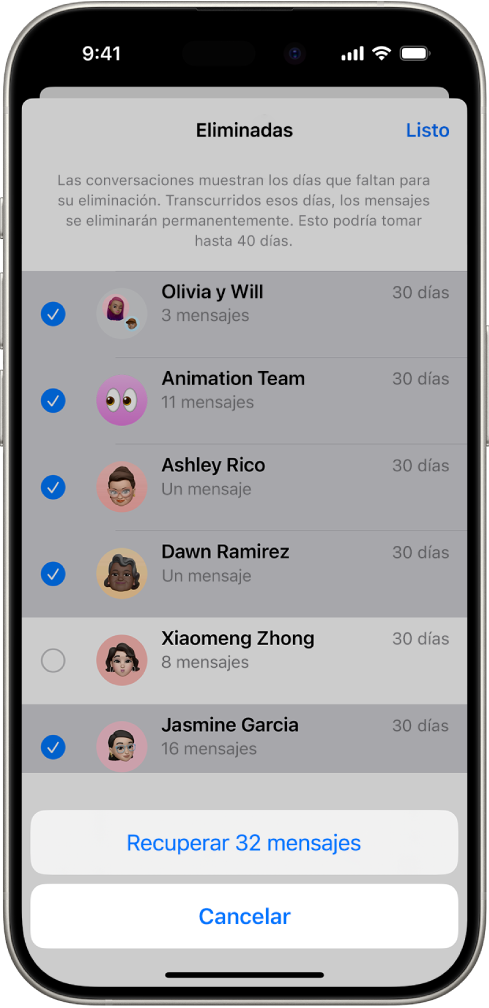 Se están recuperando todos los mensajes eliminados de una conversación.