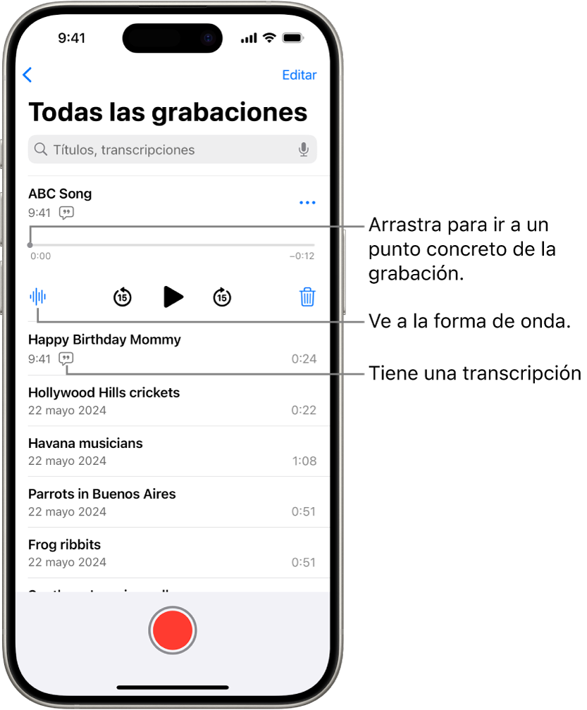 Pantalla de lista de Notas de Voz con una grabación seleccionada arriba. La línea de tiempo de la grabación tiene un cursor de reproducción, que puedes arrastrar para ir a un punto determinado de la grabación. Los controles de reproducción están debajo de la línea de tiempo.