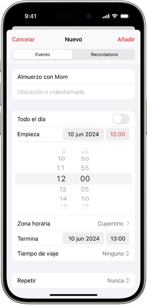 Evento de calendario con los ajustes de la hora y la zona horaria del evento.