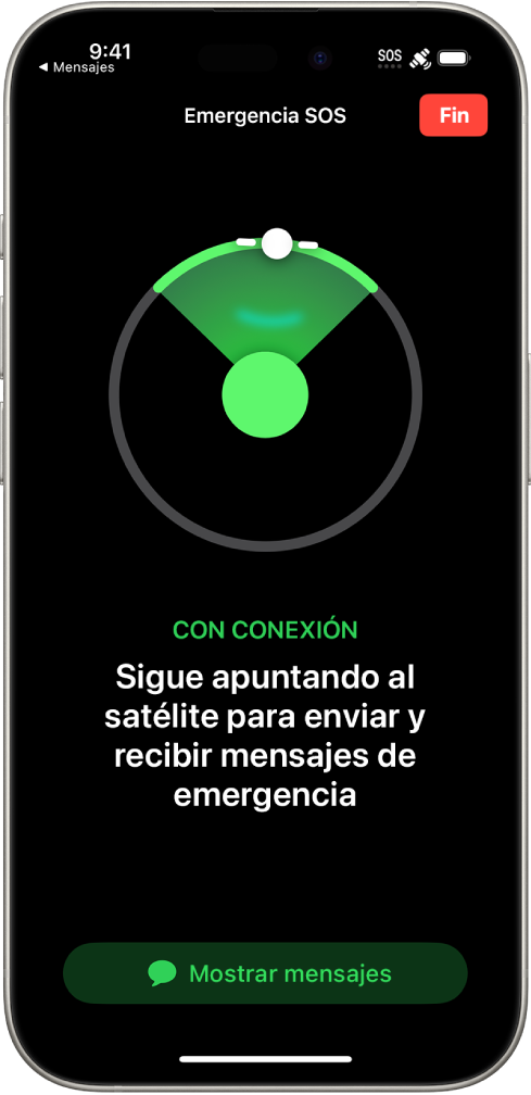 Pantalla “Emergencia SOS” que muestra el teléfono conectado y se está indicando al usuario que siga apuntando al satélite. El botón “Mostrar mensajes” está en la parte inferior de la pantalla.