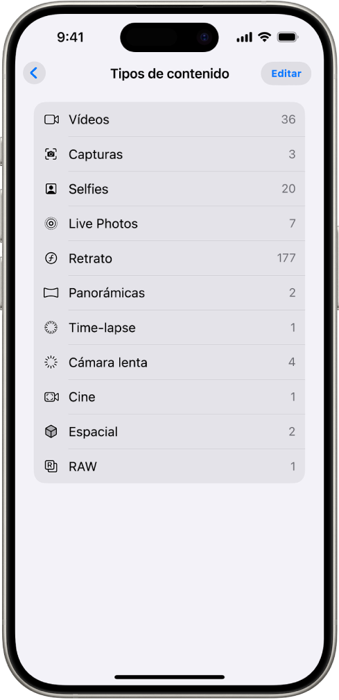 En la app Fotos, la colección “Tipos de contenido” está abierta con una lista de colecciones de fotos.