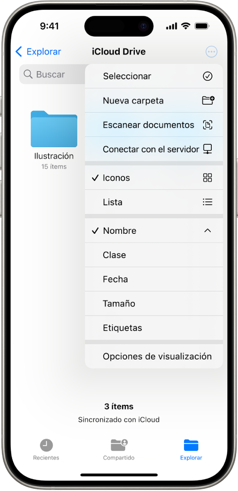 La app Archivos con el botón Más seleccionado. En el menú visible están las opciones Seleccionar, “Nueva carpeta”, “Escanear documentos” y “Conectar con el servidor”. Debajo están las opciones para ver los ítems en pantalla como iconos o como una lista. En la parte inferior están las opciones de ordenación: Nombre, Clase, Fecha, Tamaño y Etiquetas, seguidas de “Opciones de visualización”.