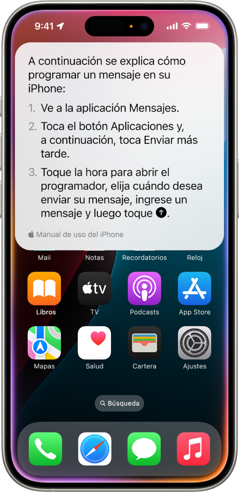 Pantalla de inicio del iPhone con los pasos que ha proporcionado Siri para programar un mensaje para que se envíe más tarde.