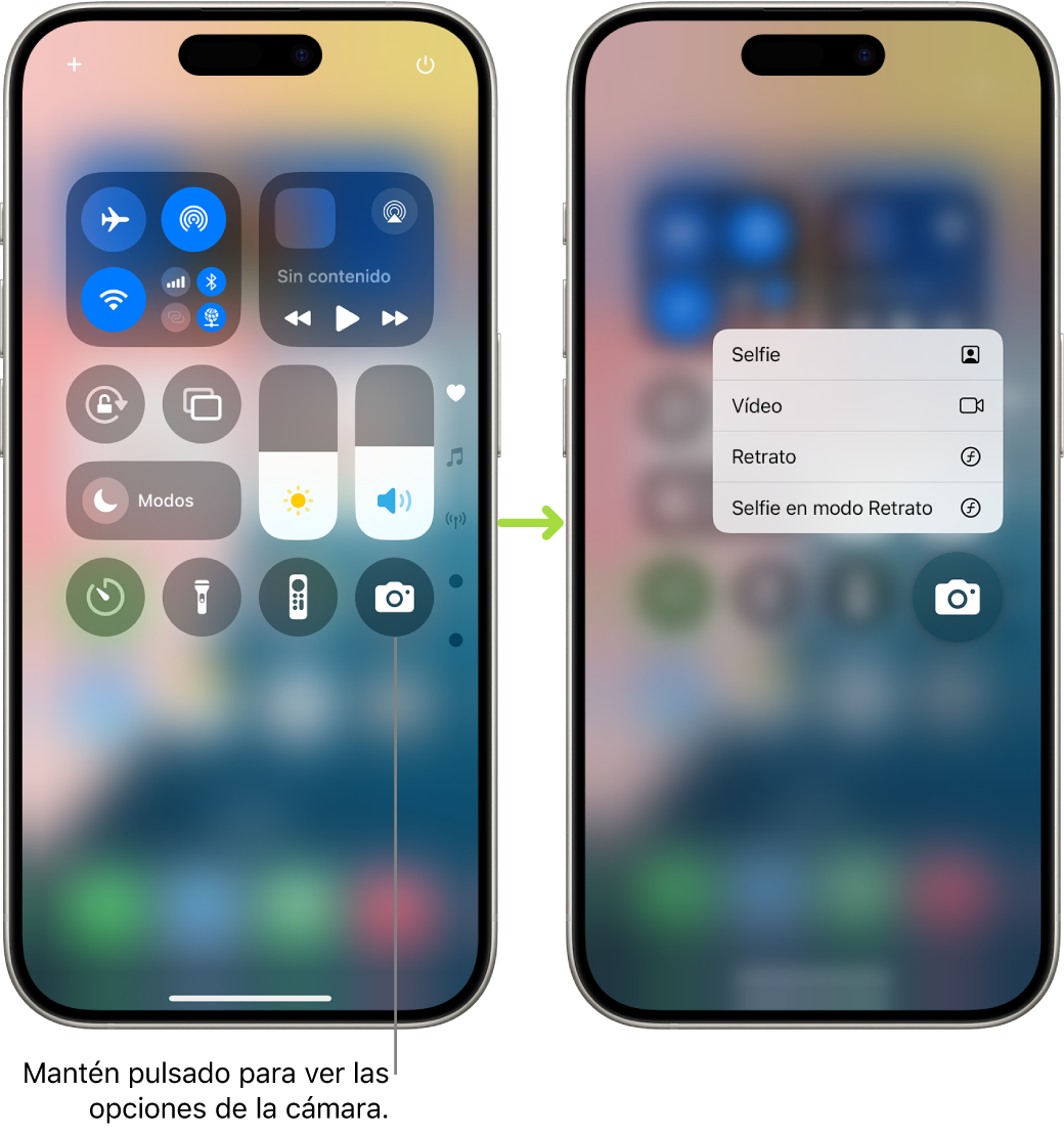 Dos pantallas del centro de control en paralelo. La de la izquierda muestra los controles del modo Avión, datos móviles, Wi-Fi y Bluetooth en el grupo de arriba a la izquierda. El icono de la cámara se muestra en la parte inferior derecha. La pantalla de la derecha muestra más opciones en el menú de acciones rápidas para la cámara: Selfie, Vídeo, Retrato y “Selfie en modo Retrato”.