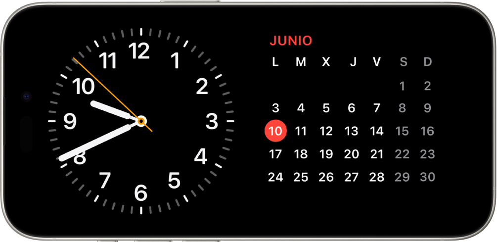 iPhone colocado en horizontal. La parte izquierda de la pantalla muestra un reloj, mientras que la fecha está en la derecha.