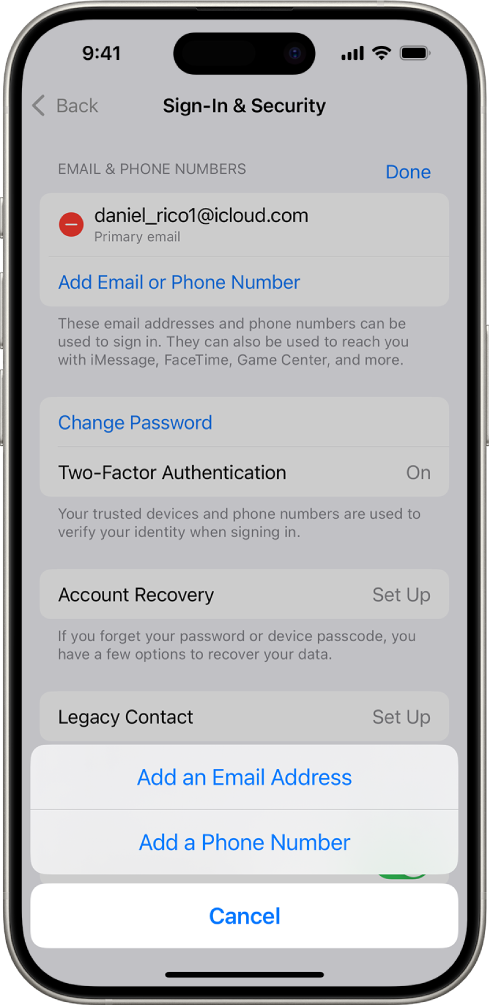 Rakenduse Settings kuva Sign-In & Security.