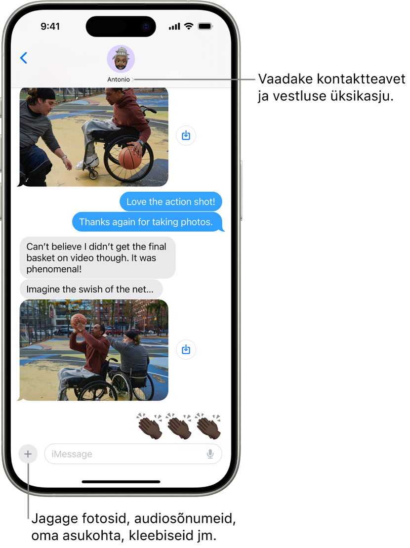 Rakenduse Messages vestlus. Ekraani ülaosas on inimese nimi, kellele sõnumeid saadate. Vestluse üksikasjade kuvamiseks puudutage tema nime. Alumises paremas nurgas on nupp Add.