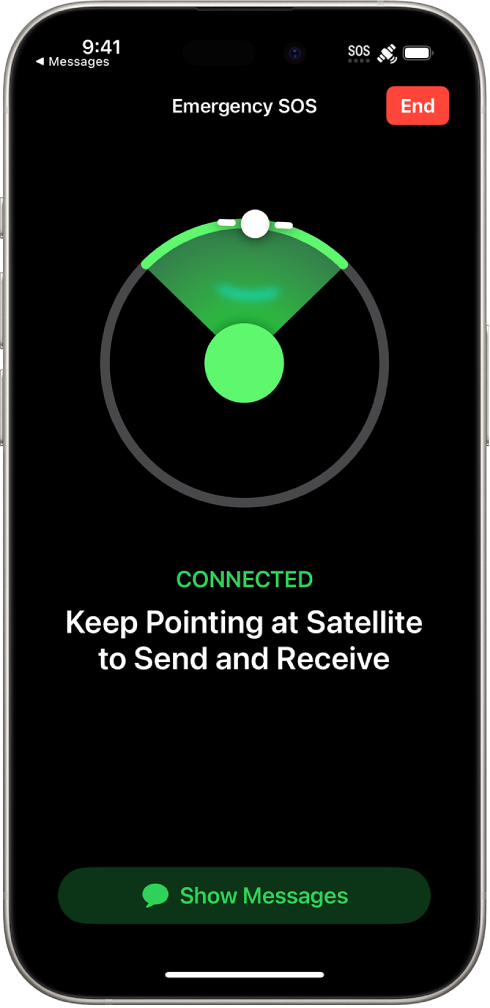 Kuva Emergency SOS, kus telefon on ühendatud ning see juhendab kasutajat osutama satelliidi poole. Ekraani allservas on nupp Show Messages.
