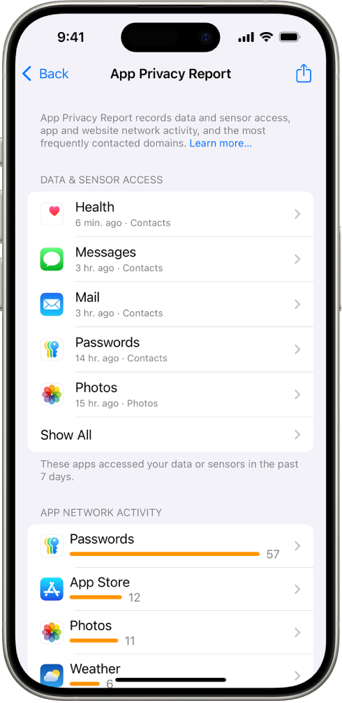 App Privacy Report kuvab infot rakenduste kohta kategoorias Data & Sensor Access ning rakenduste kohta kategoorias App Network Activity.