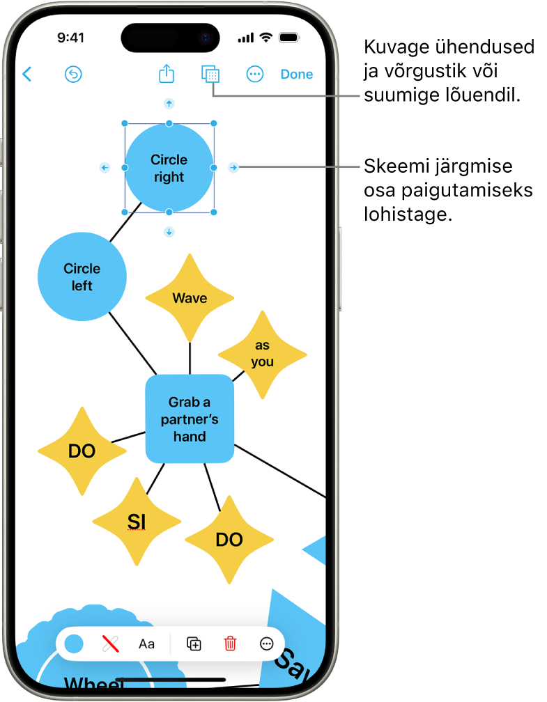 Freeformi tahvlil on ühendustega skeemil valitud kujund ning ekraani allosas on kujundi vormindamise tööriistad.