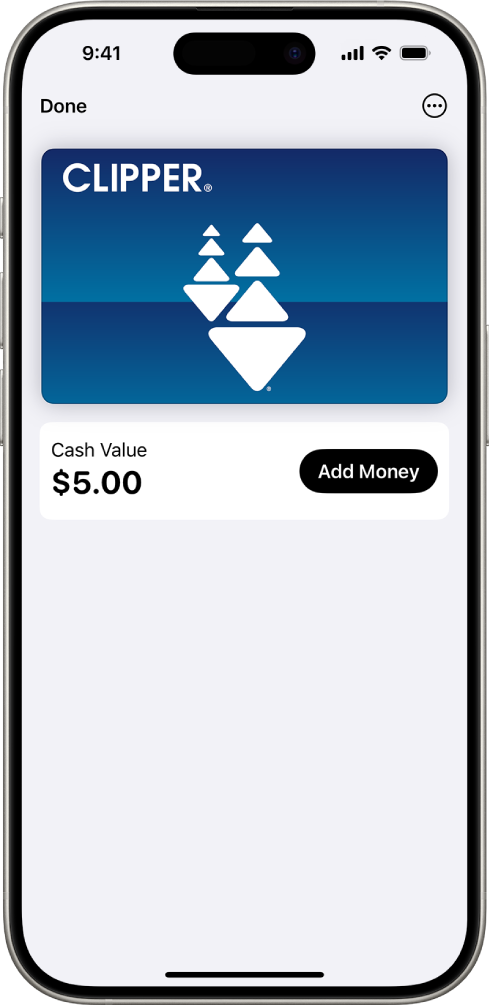Ühistranspordikaart rakenduses Wallet, kus on konto saldo ning nupp Add Money.