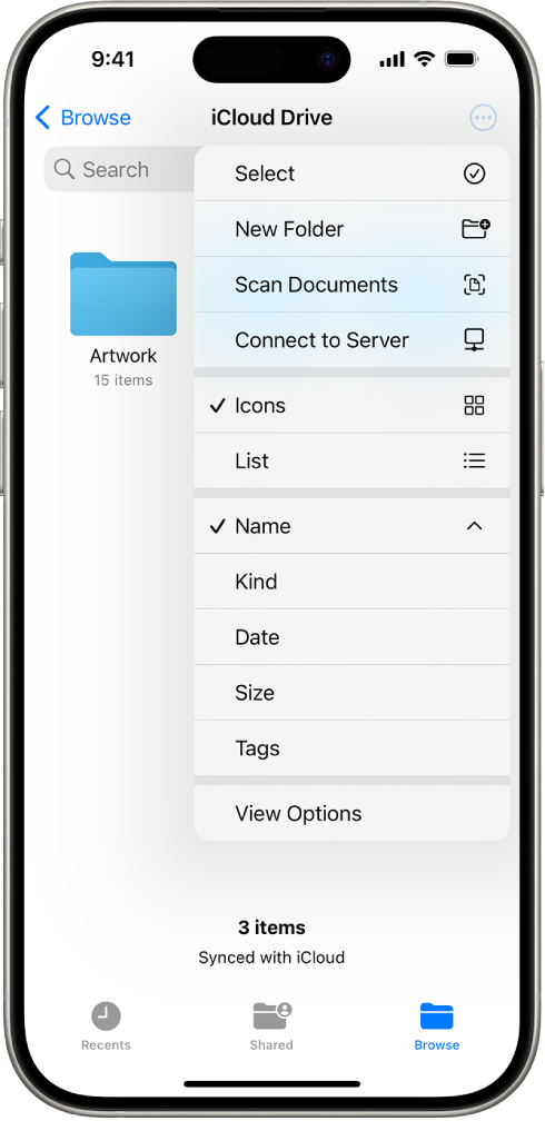 Rakendus Files, kus valitud on nupp More. Nähtavas menüüs on valikud Select, New Folder, Scan Documents ja Connect to Server. Selle all on üksuste kuvamiseks ekraanil valikud Icons või List. All on sortimisvalikud Name, Kind, Date, Size ja Tags, mille järel on valik View Options.