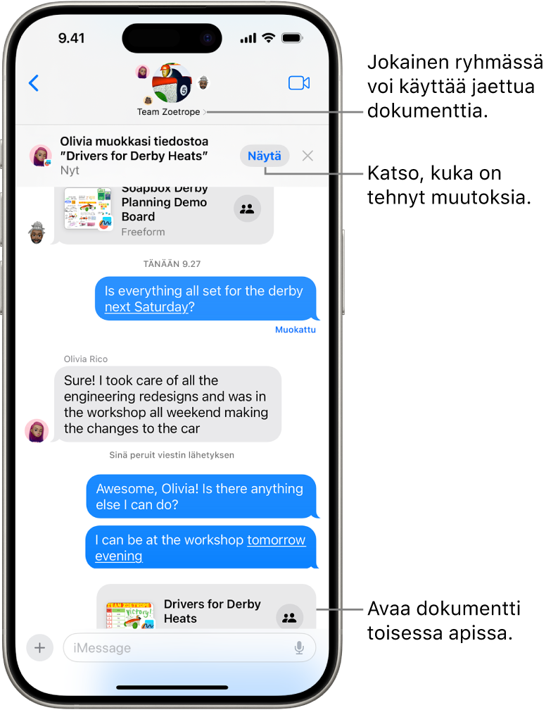 Viestit-apin ryhmäkeskustelu, jossa kutsu yhteistyöhön ja päivitykset keskusteluikkunan yläreunassa.