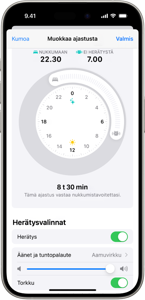 Ajastuksen muuttamisen näyttö Terveys-apissa. Näytön yläreunassa ovat nukkumaanmenon ja herätyksen kello, ja herätysasetukset näkyvät näytön alareunassa.