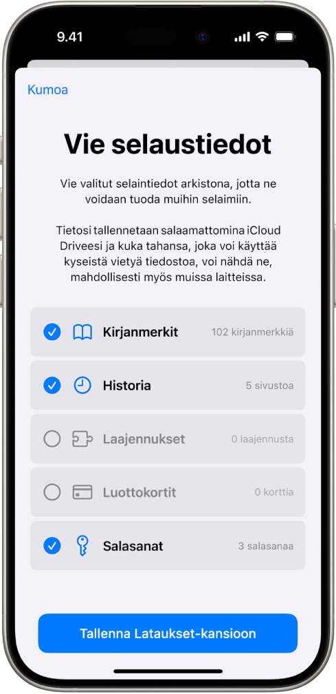 Vie selaustiedot -näyttö, jossa näkyvät tiedot, jotka voidaan viedä Safarista toiseen selaimeen.