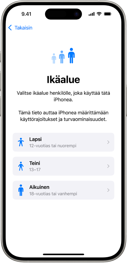Ikäalueiden asetusnäyttö. Luettelossa näkyy kolme ikäaluetta: Lapsi (alle 13-vuotias), Nuori (13–17-vuotias) ja Aikuinen (yli 18-vuotias).