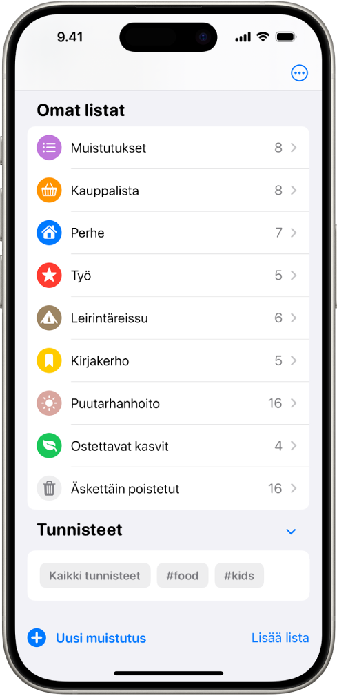 Muistutukset-näytössä näkyy useita listoja ja alareunassa tunnisteselain.